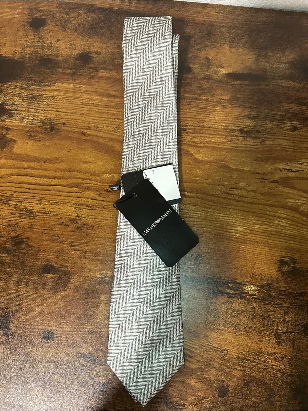 Emporio Armani Gray and White Herringbone Silk Tie